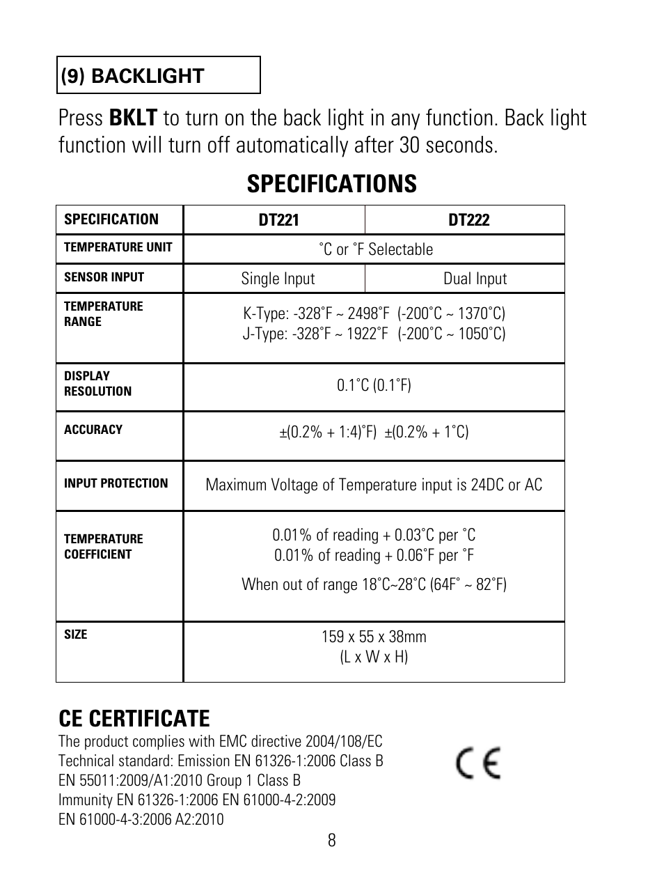 Specifications, 9) backlight | UEi Test Instruments DT222 User Manual | Page 10 / 12