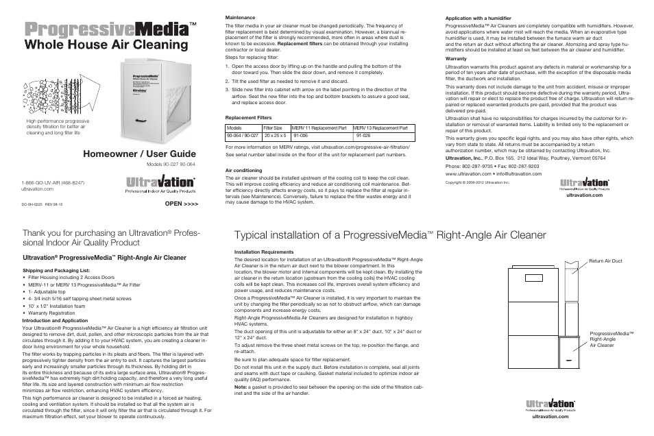 Ultravation Right-Angle ProgressiveMedia Air Cleaner- DC-OH-0225 User Manual | 1 page