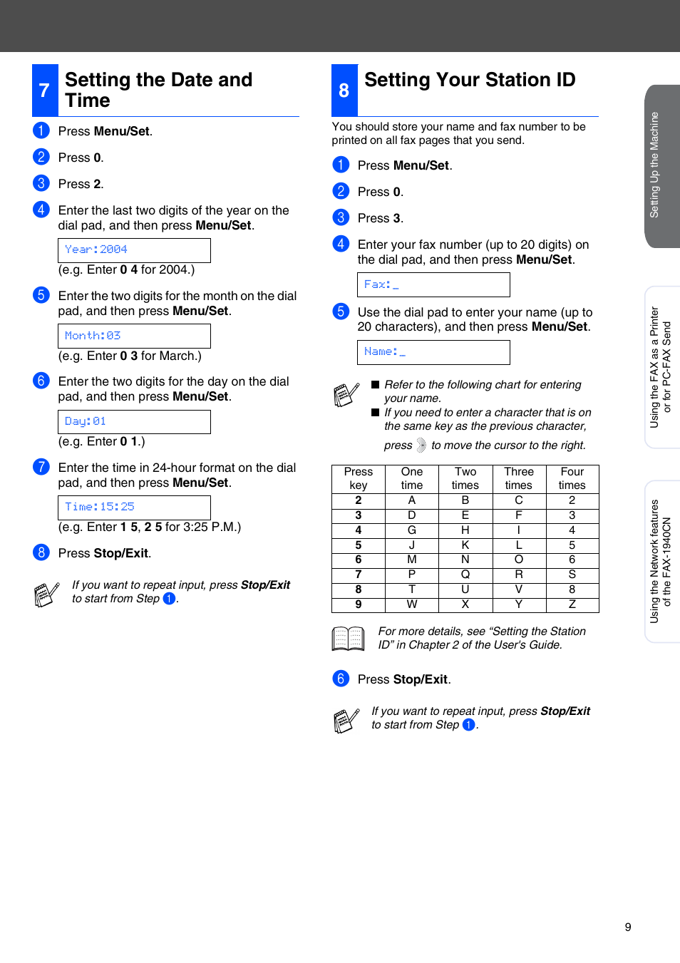7 setting the date and time, 8 setting your station id, Setting the date and time | Setting your station id, 7setting the date and time, 8setting your station id | Brother FAX-1940CN User Manual | Page 11 / 18