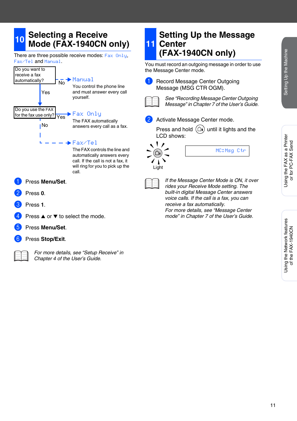 10 selecting a receive mode (fax-1940cn only), 11 setting up the message center (fax-1940cn only), Selecting a receive mode (fax-1940cn only) | Setting up the message center (fax-1940cn only), Manual, Fax only, Fax/tel | Brother FAX-1940CN User Manual | Page 13 / 18