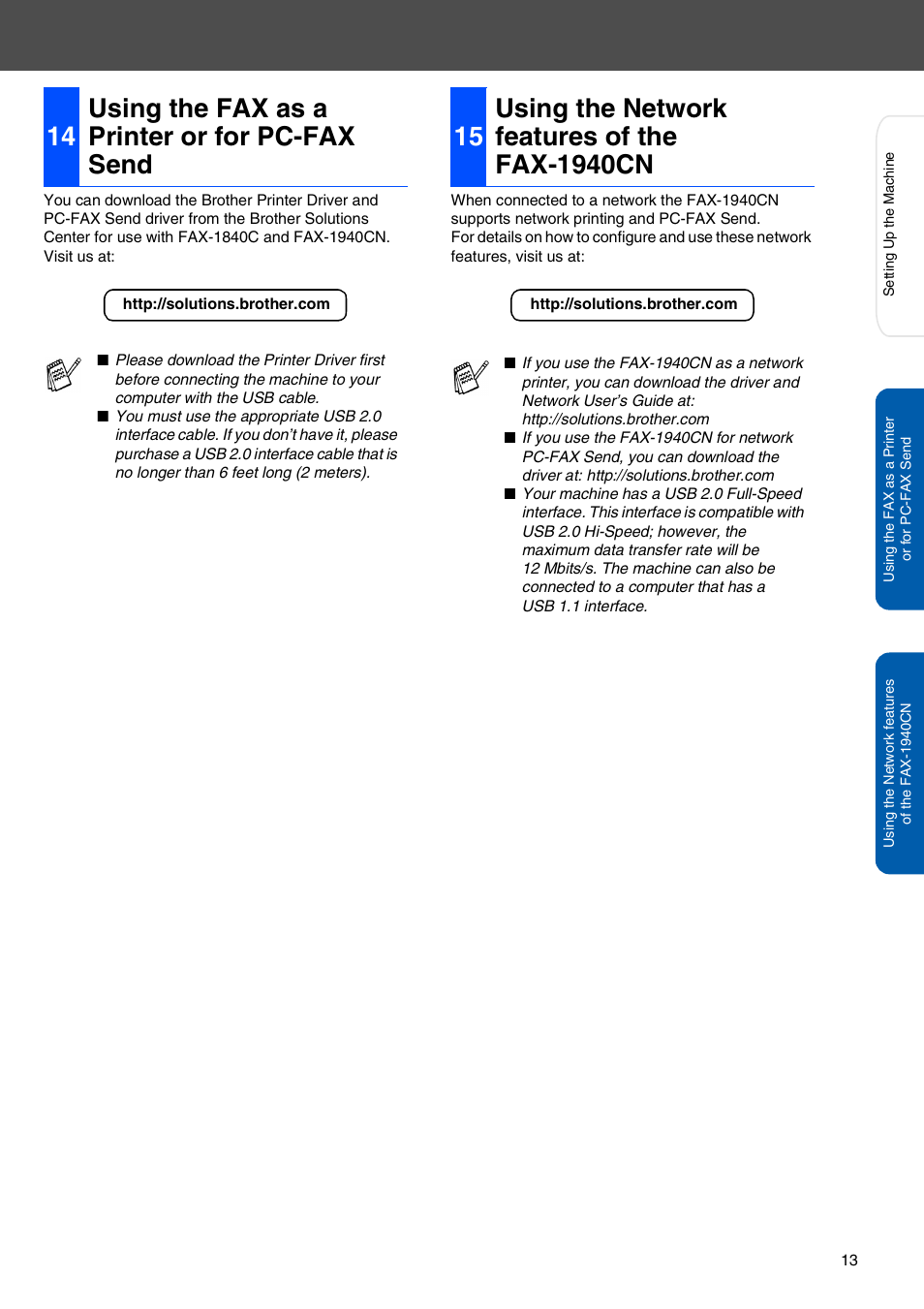 14 using the fax as a printer or for pc-fax send, 15 using the network features of the fax-1940cn, Using the fax as a printer or for pc-fax send | Using the network features of the fax-1940cn | Brother FAX-1940CN User Manual | Page 15 / 18