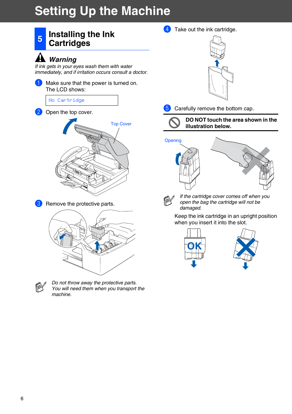 5 installing the ink cartridges, Installing the ink cartridges, Setting up the machine | 5installing the ink cartridges | Brother FAX-1940CN User Manual | Page 8 / 18