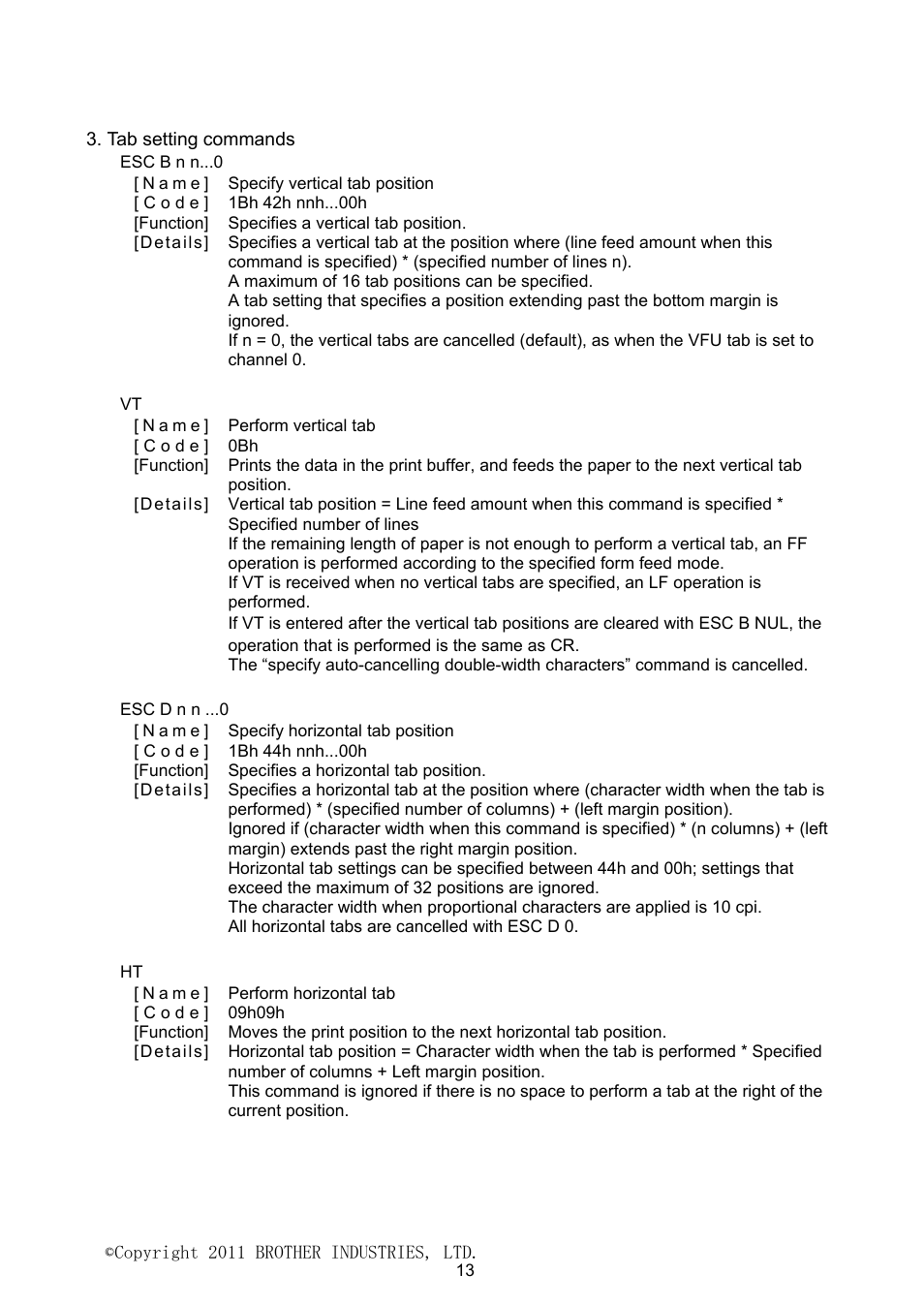 Tab setting commands | Brother PJ-623 User Manual | Page 13 / 32