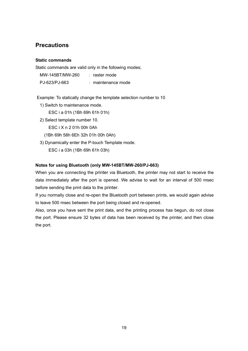 Precautions | Brother PJ-663 User Manual | Page 19 / 76
