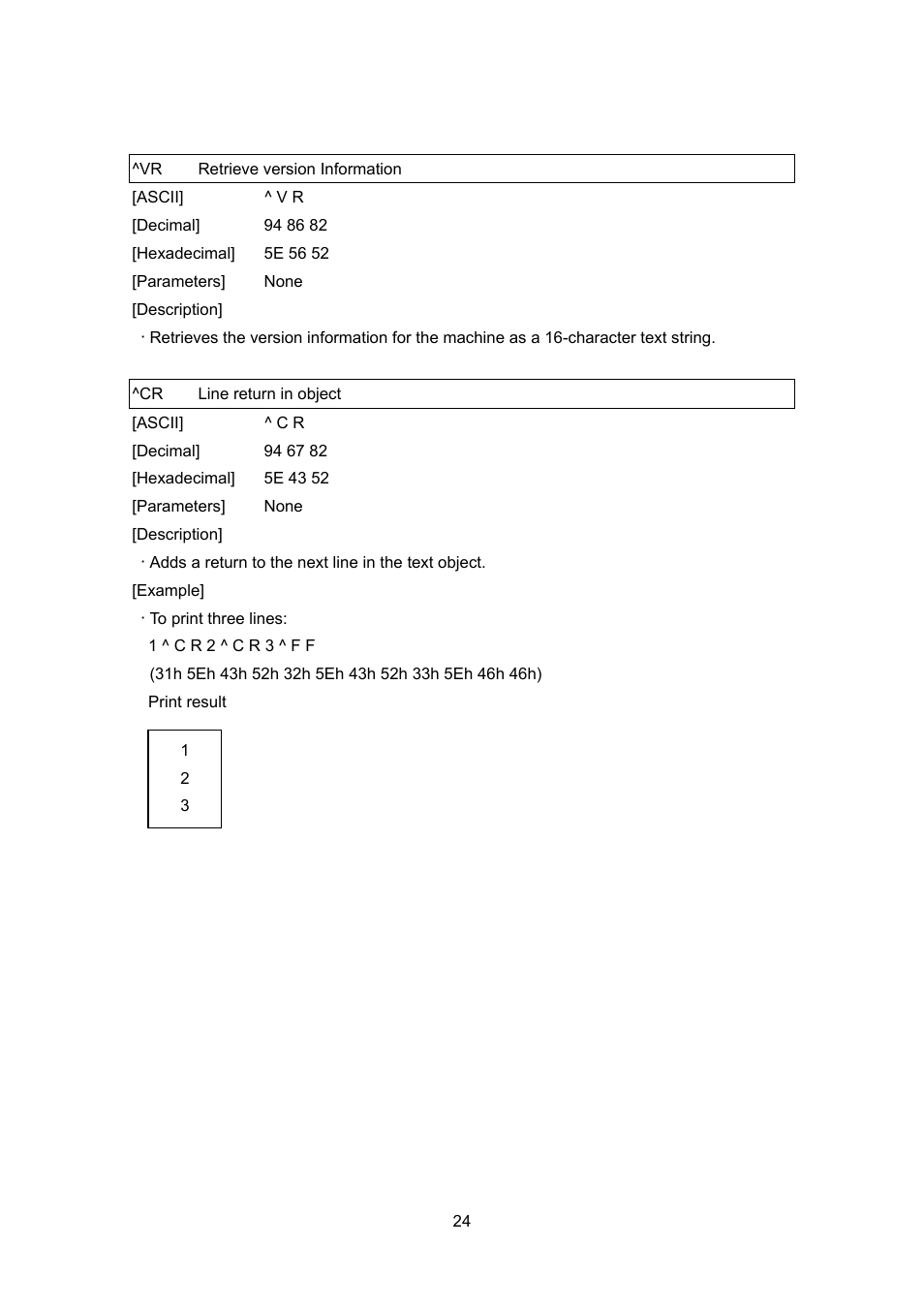 Vr retrieve version information, Cr line return in object, Retrieve version information | Line return in object | Brother PJ-663 User Manual | Page 46 / 76