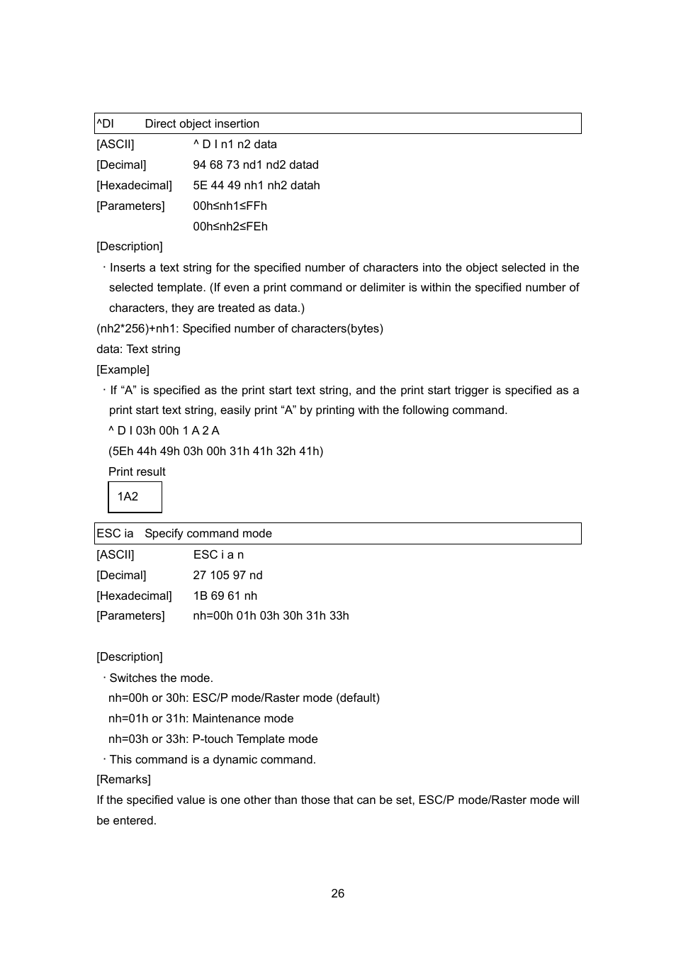 Di direct object insertion, Esc ia specify command mode, Direct object insertion | Esc ia, Specify command mode | Brother PJ-663 User Manual | Page 48 / 76