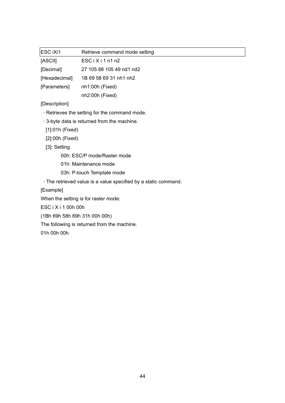 Esc ixi1 retrieve command mode setting | Brother PJ-663 User Manual | Page 66 / 76