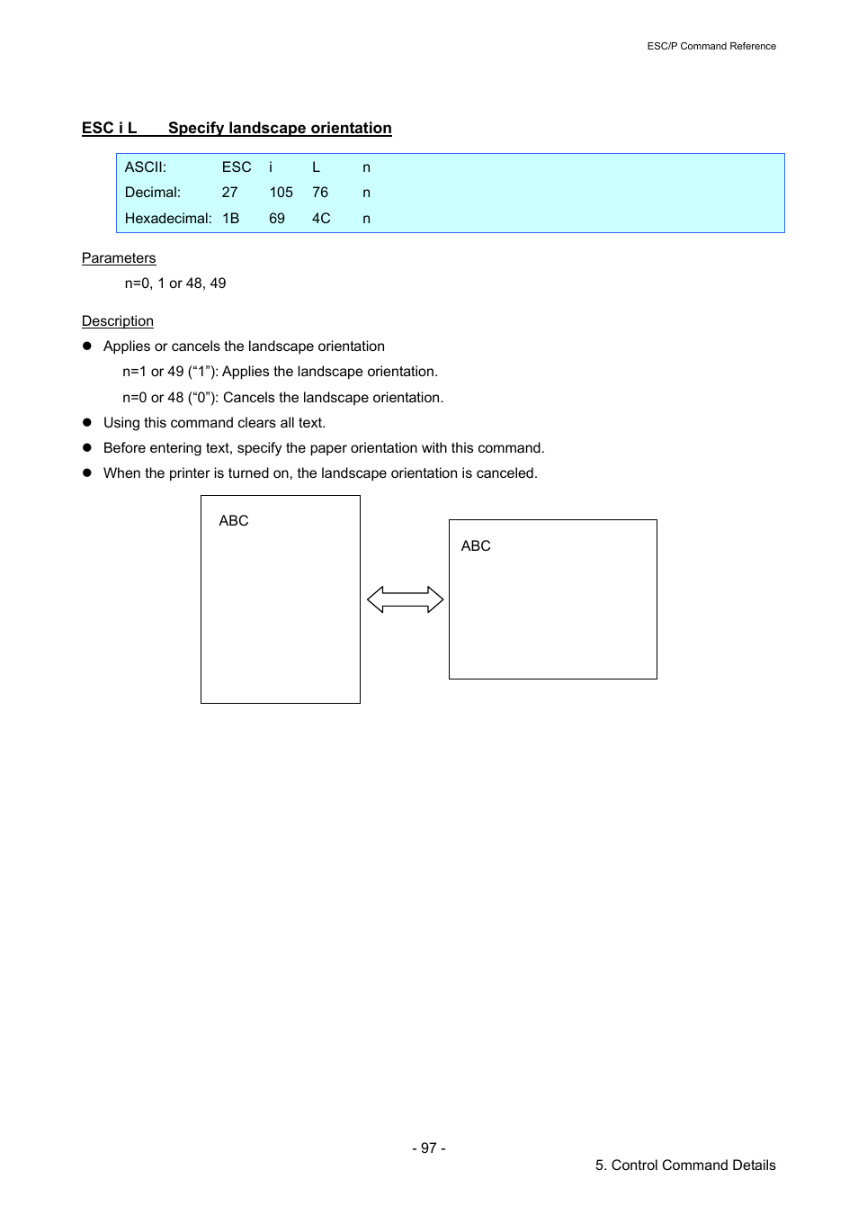 Esc i l specify landscape orientation, Esc i l, Specify landscape orientation | Brother TD-2120N User Manual | Page 103 / 126
