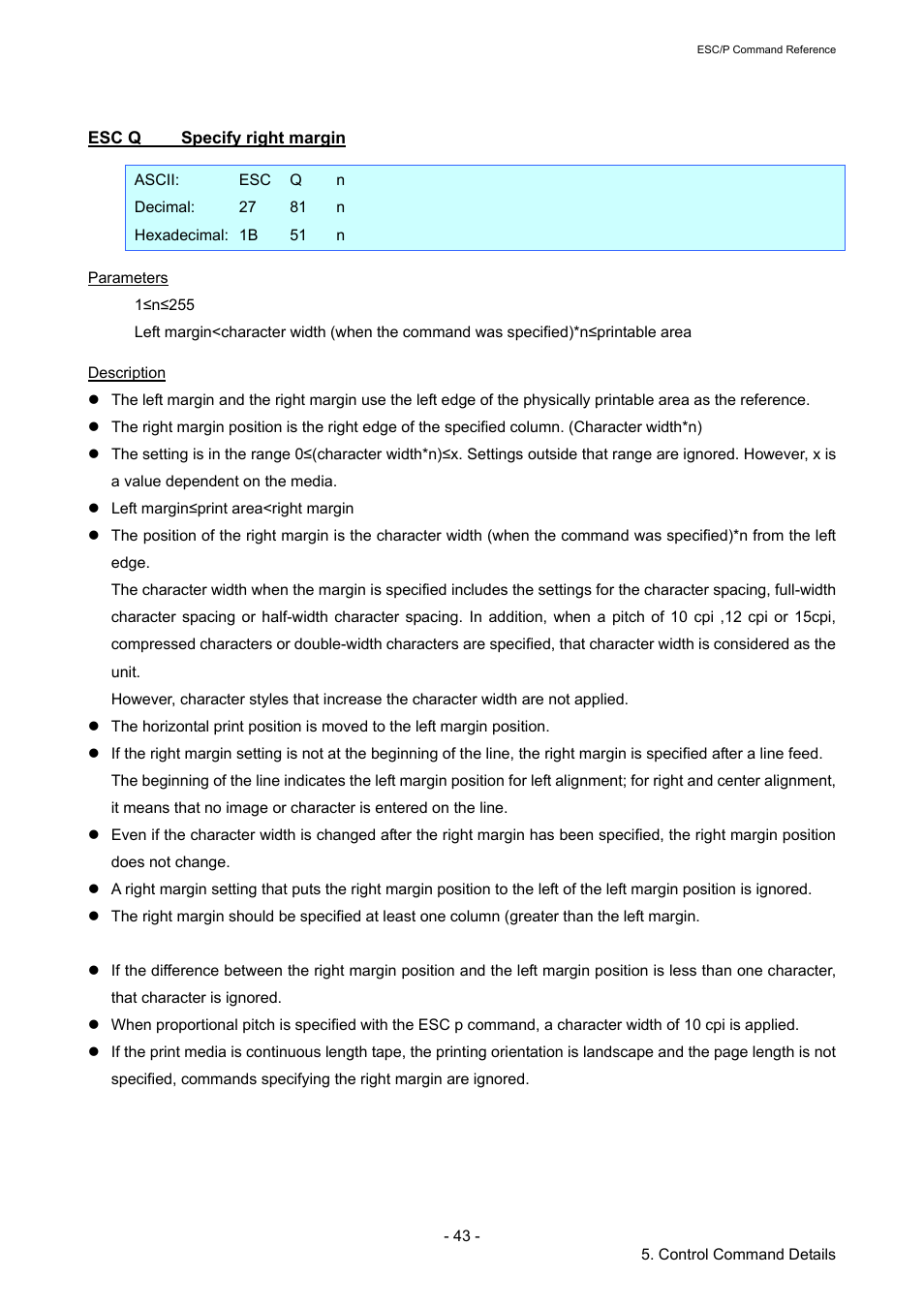 Esc q specify right margin, Esc q, Specify right margin | Brother TD-2120N User Manual | Page 49 / 126