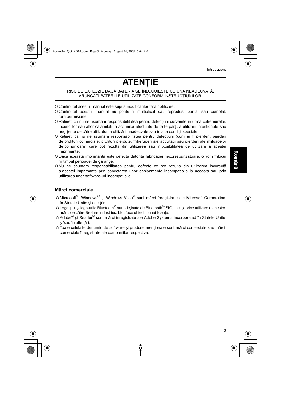 Atenţie | Brother PJ-523 User Manual | Page 117 / 170