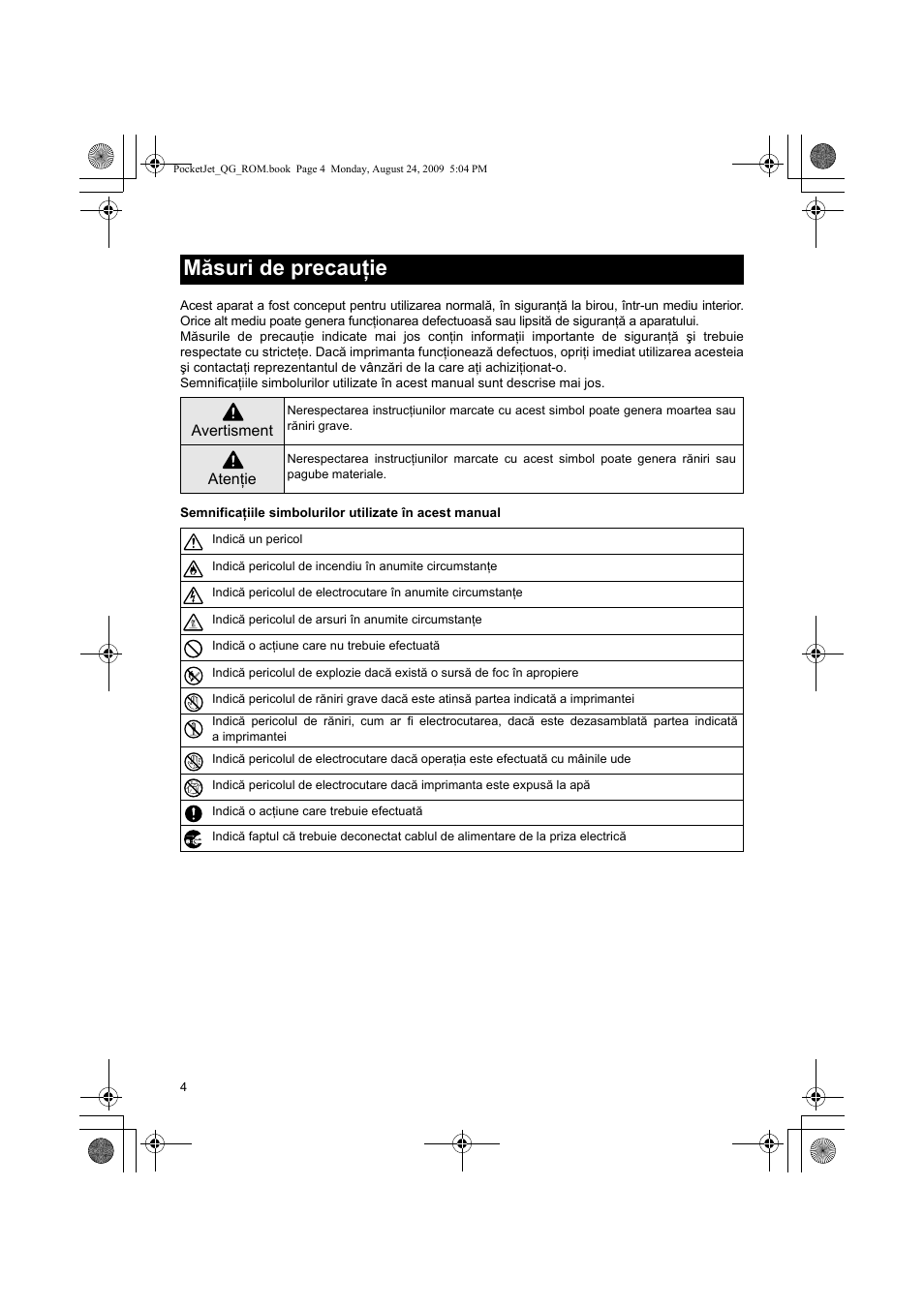 Măsuri de precauţie | Brother PJ-523 User Manual | Page 118 / 170