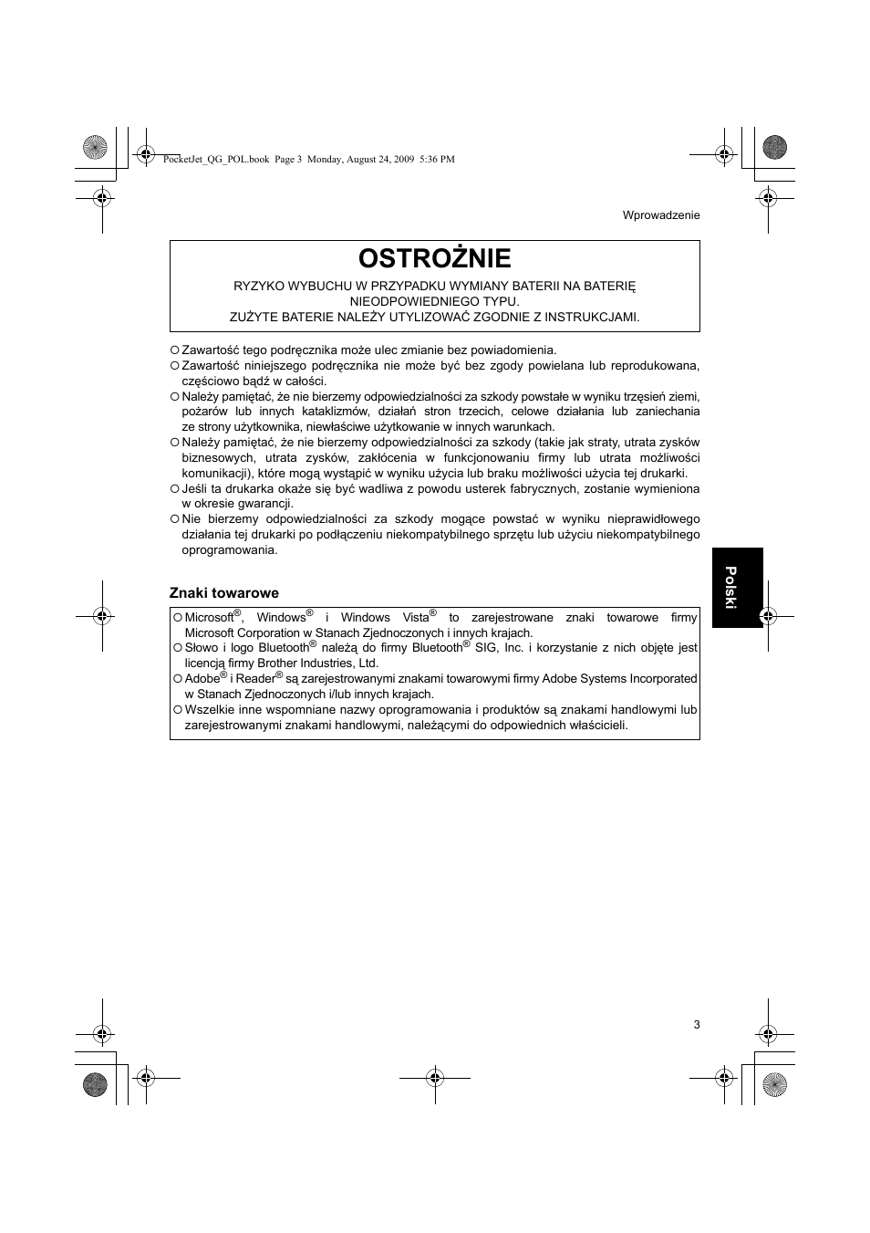 Ostrożnie | Brother PJ-523 User Manual | Page 128 / 170