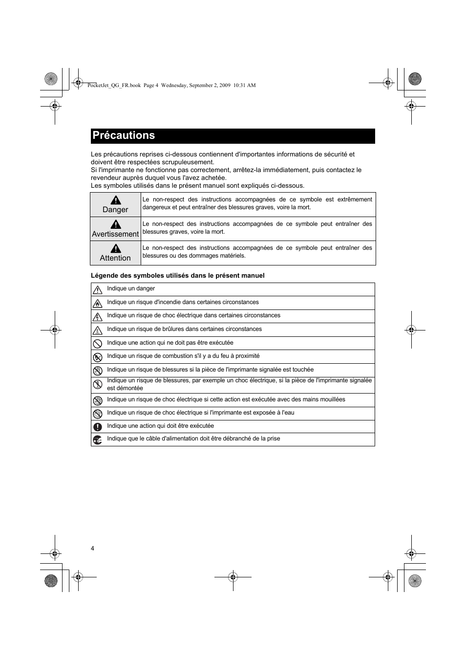 Précautions | Brother PJ-523 User Manual | Page 16 / 170