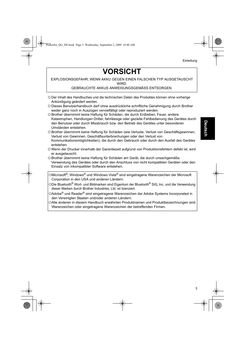 Vorsicht | Brother PJ-523 User Manual | Page 27 / 170