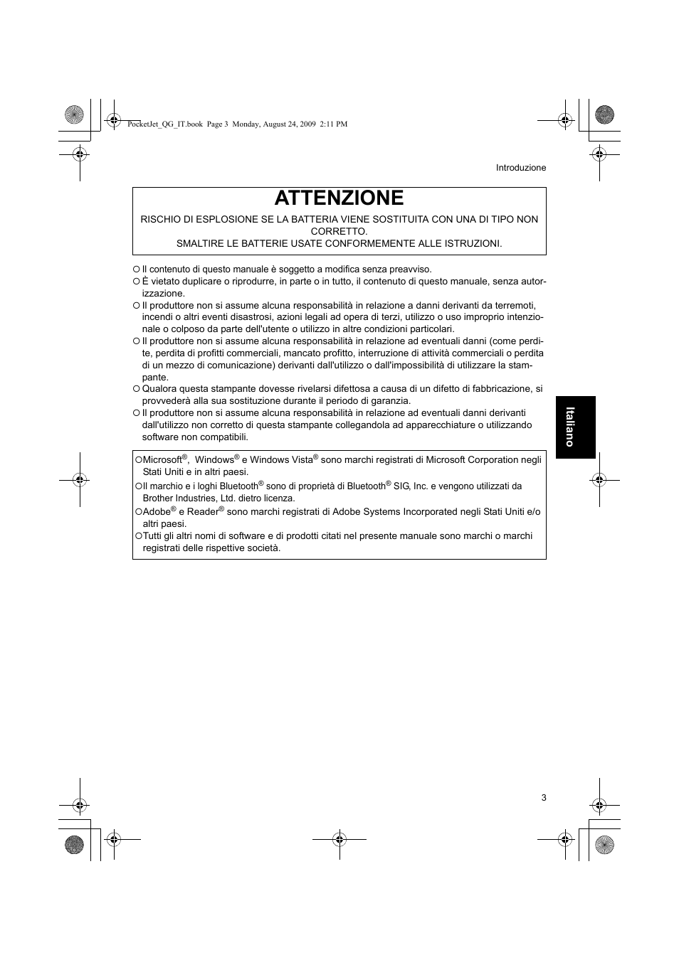 Attenzione | Brother PJ-523 User Manual | Page 39 / 170