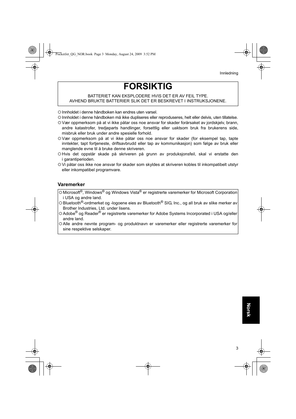 Forsiktig | Brother PJ-523 User Manual | Page 84 / 170
