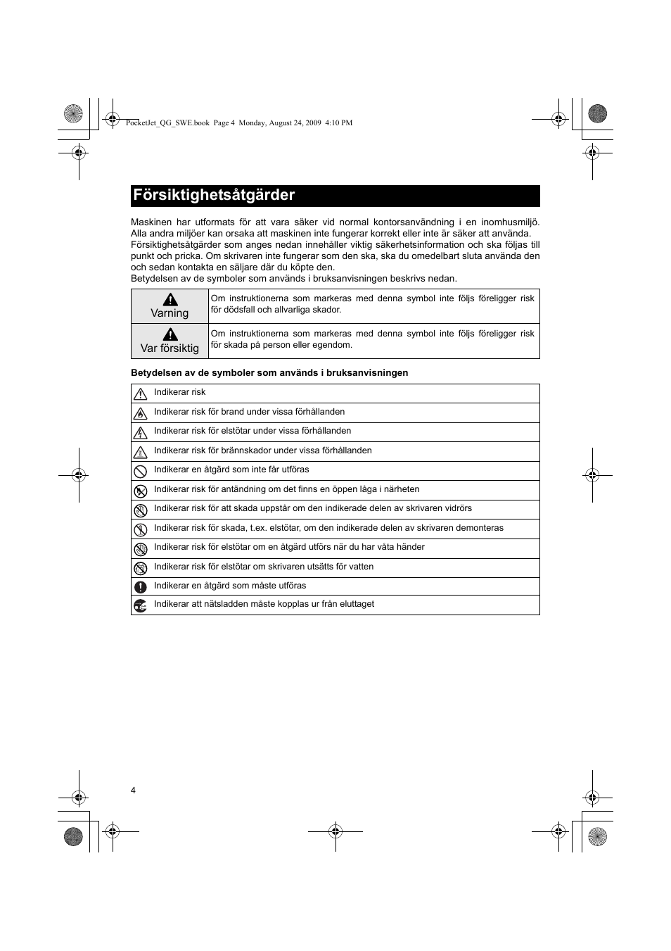 Försiktighetsåtgärder | Brother PJ-523 User Manual | Page 96 / 170