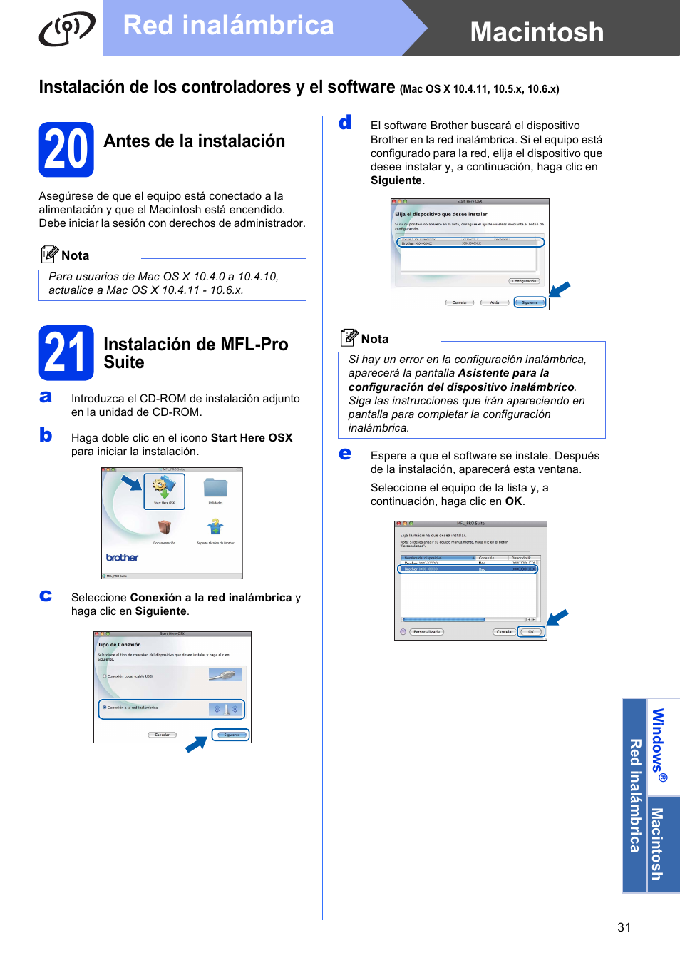 20 antes de la instalación, 21 instalación de mfl-pro suite, Macintosh red inalámbrica | Brother MFC-J625DW User Manual | Page 31 / 35