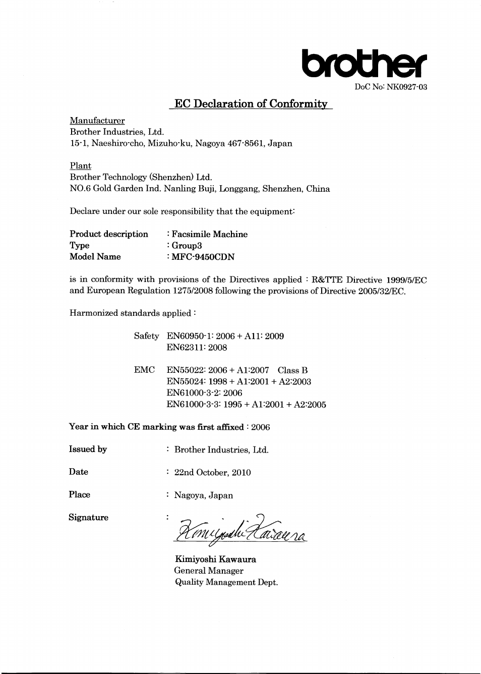 Ec declaration of conformity, Brotfier | Brother MFC-9450CDN User Manual | Page 3 / 21