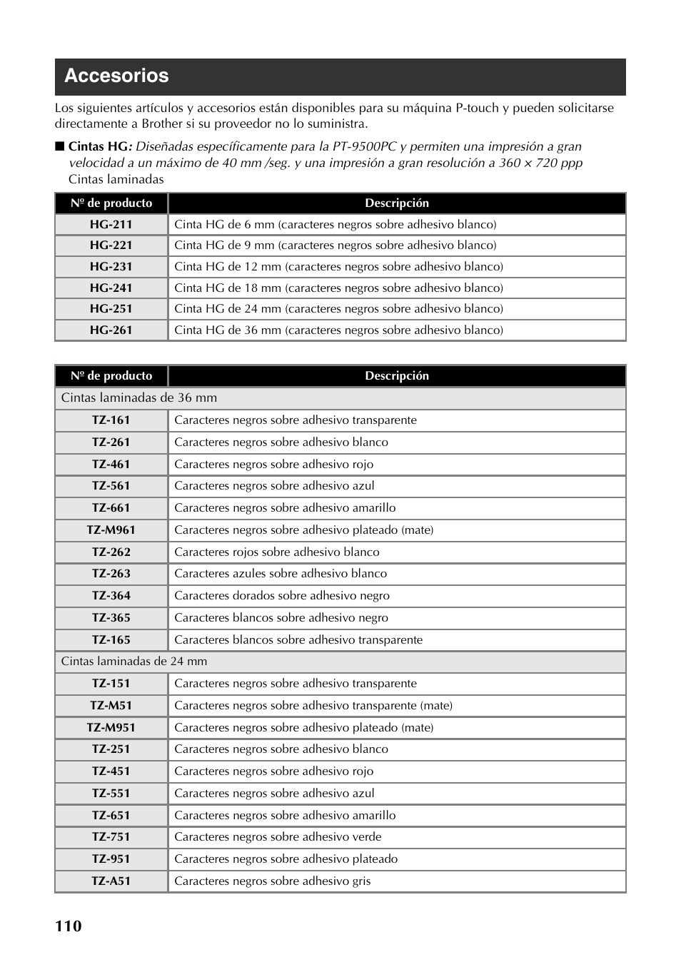 Accesorios | Brother PT-9500PC User Manual | Page 111 / 353