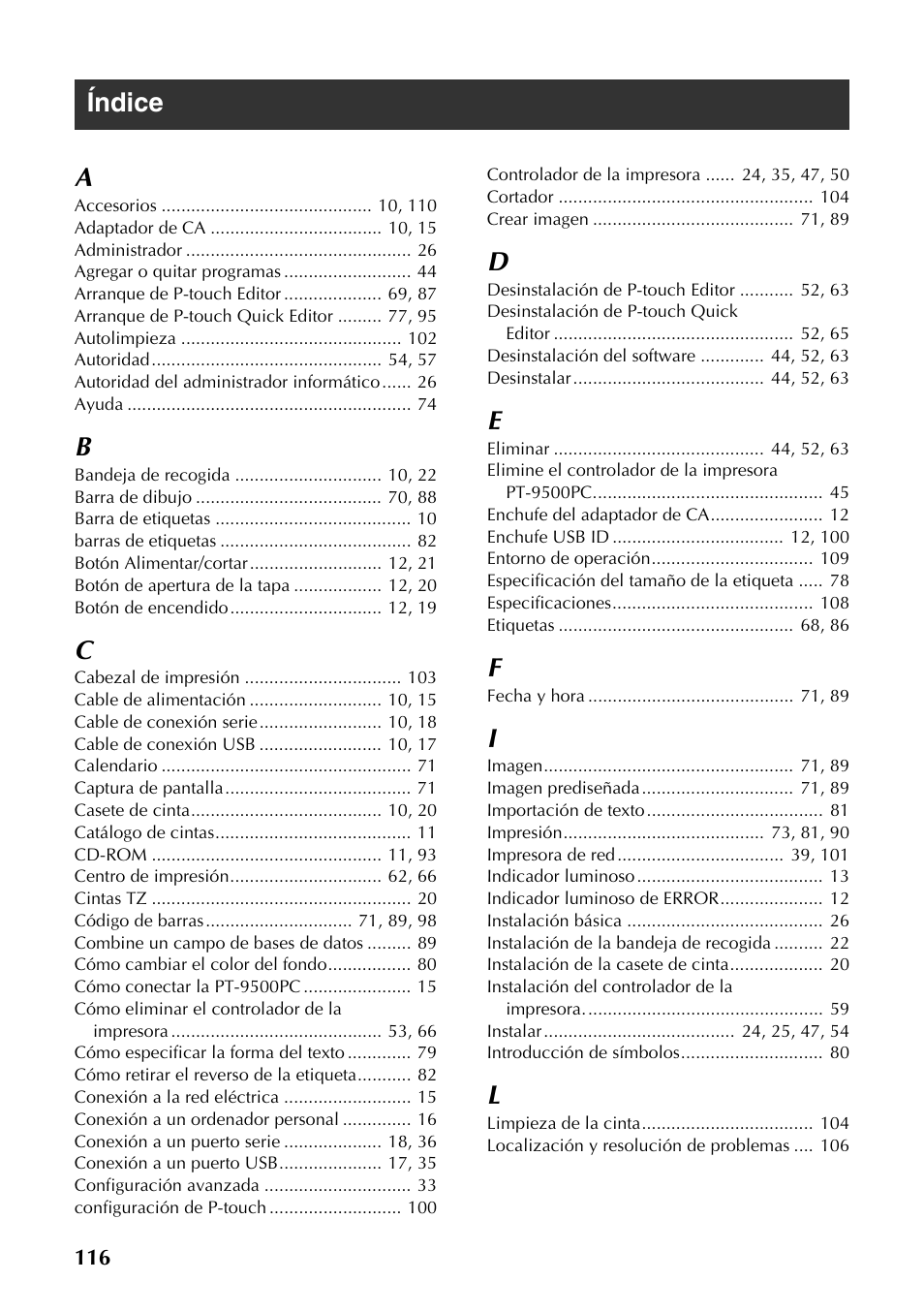 Índice, Índice a | Brother PT-9500PC User Manual | Page 117 / 353