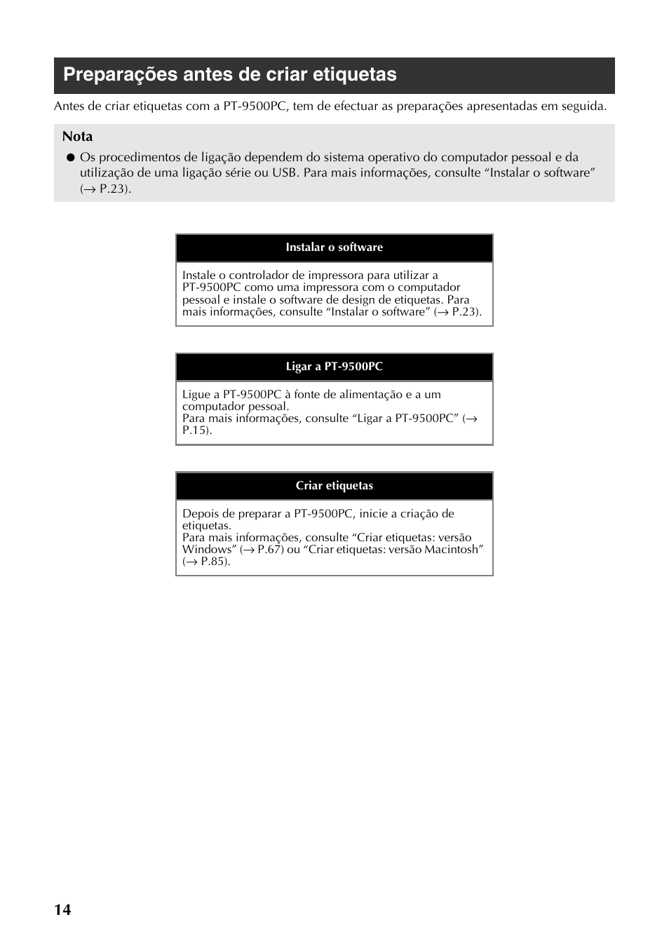 Preparações antes de criar etiquetas | Brother PT-9500PC User Manual | Page 132 / 353