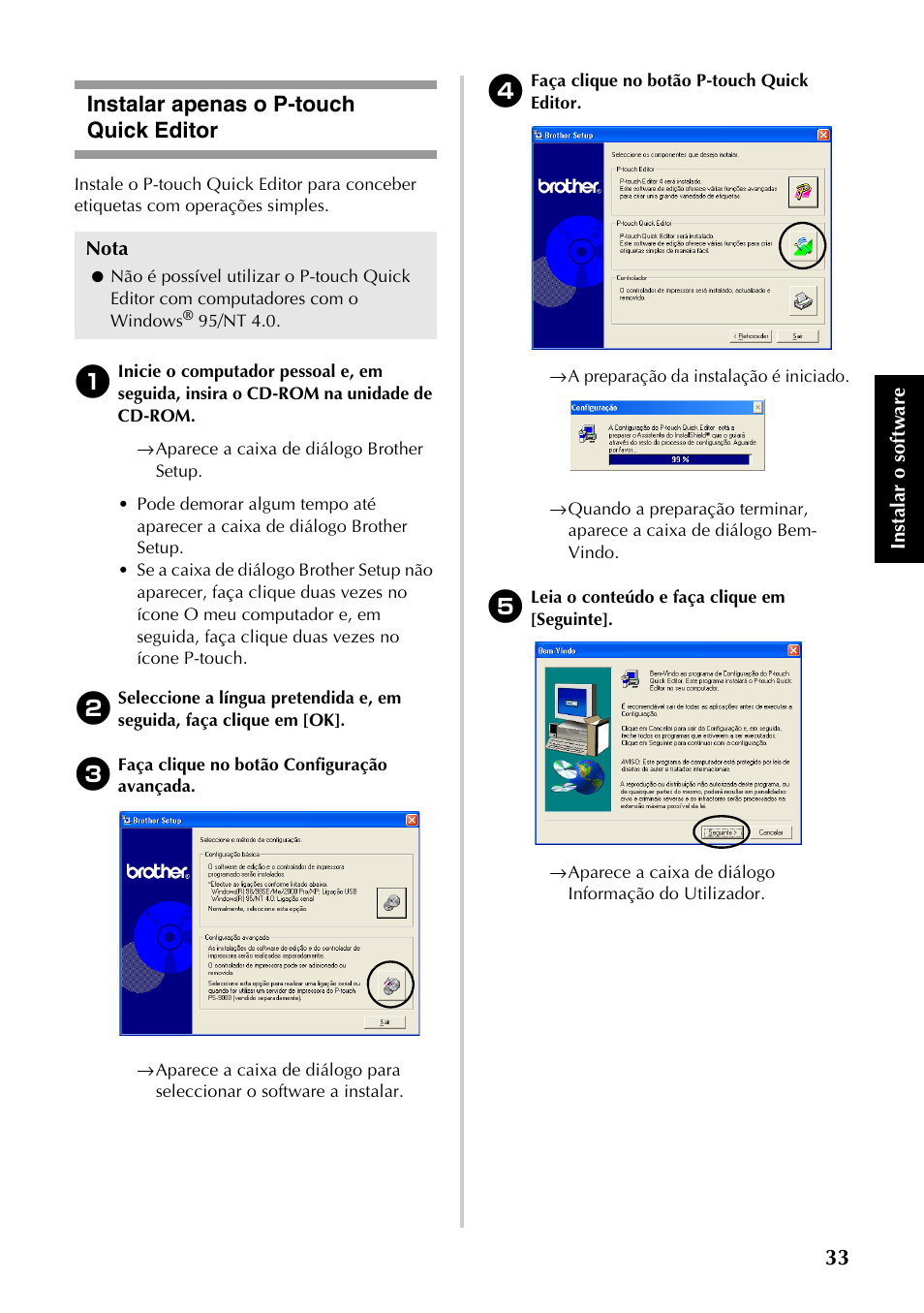 Instalar apenas o p-touch quick editor, Em “instalar, Apenas o p-touch quick editor | P.33), Vá para “instalar apenas o p-touch quick editor | Brother PT-9500PC User Manual | Page 151 / 353