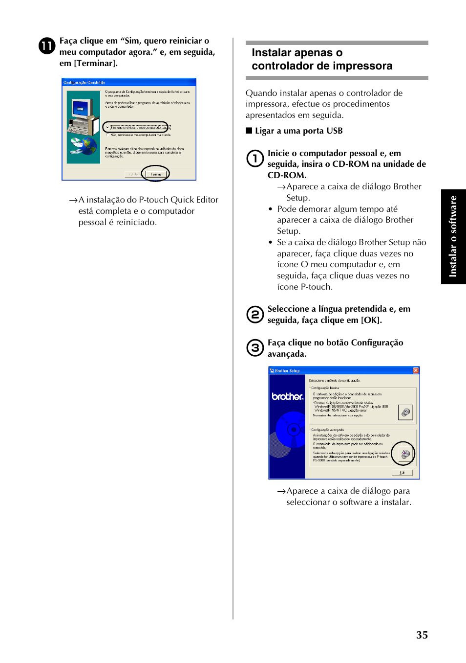 Instalar apenas o controlador de impressora, P.35) | Brother PT-9500PC User Manual | Page 153 / 353