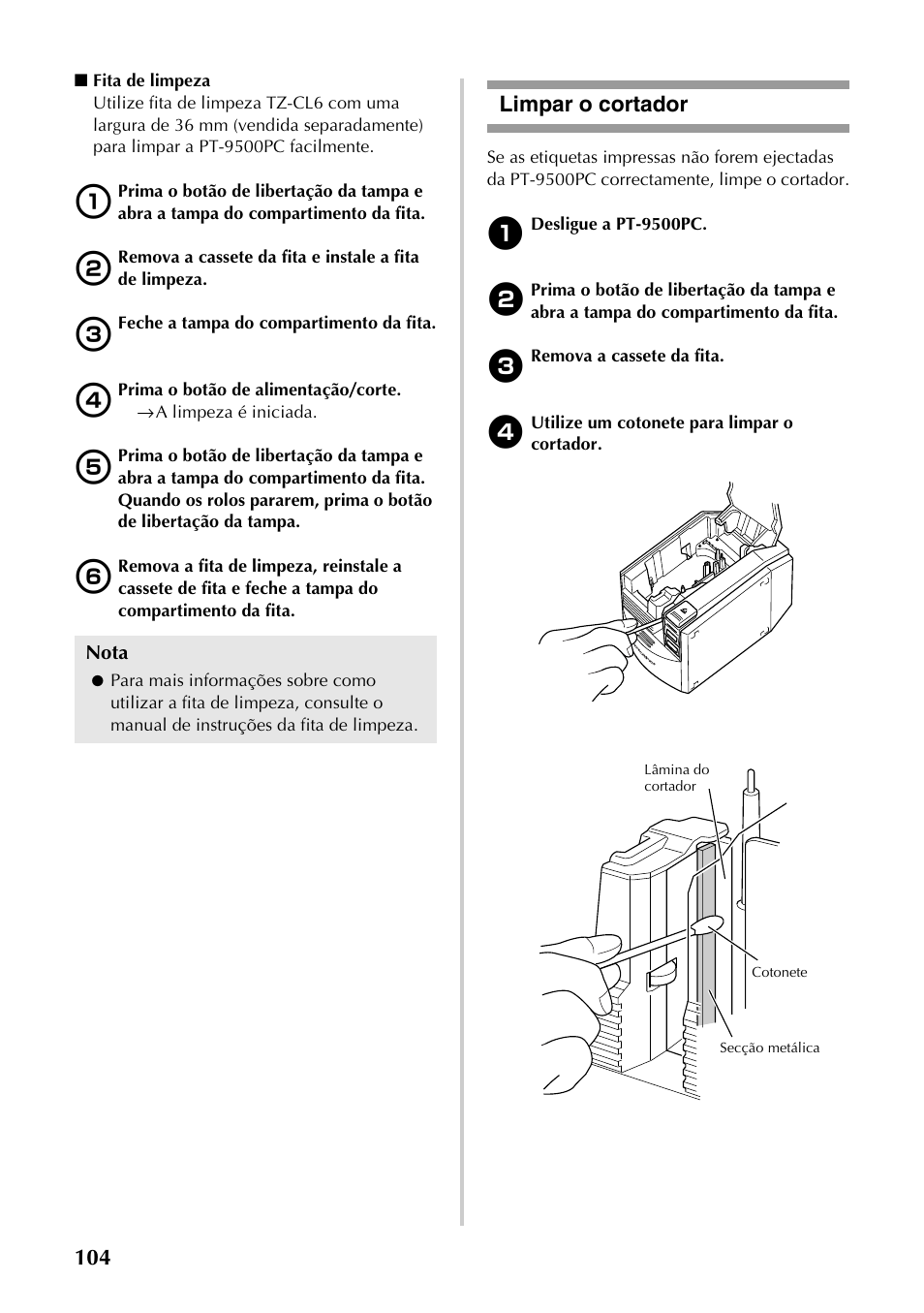 Limpar o cortador | Brother PT-9500PC User Manual | Page 222 / 353
