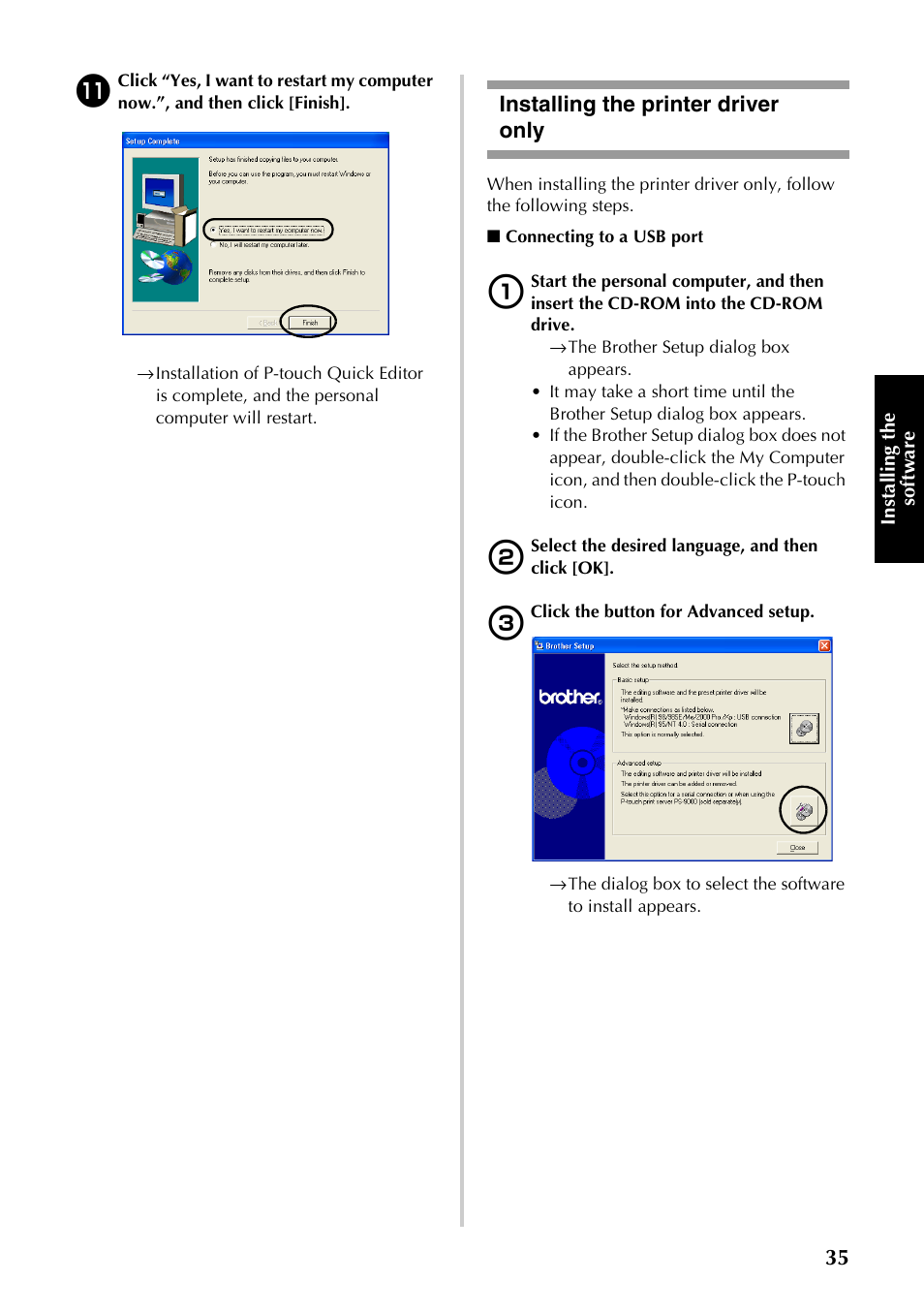 Installing the printer driver only, Fer to “installing the printer driver only, P.35) | In “installing the, Printer driver only | Brother PT-9500PC User Manual | Page 270 / 353