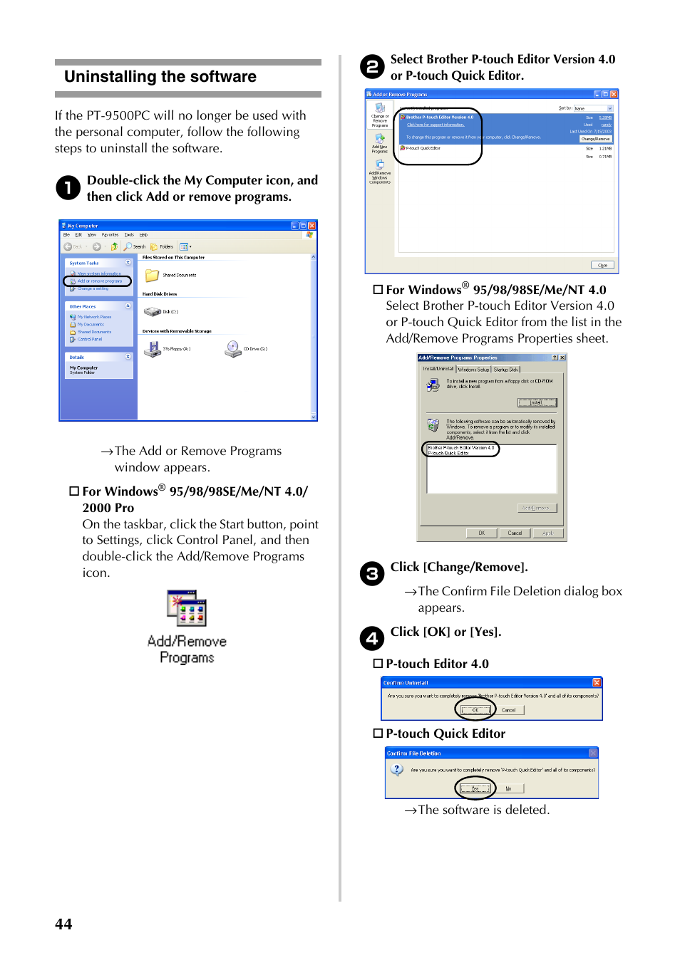 Uninstalling the software, 44 uninstalling the software | Brother PT-9500PC User Manual | Page 279 / 353