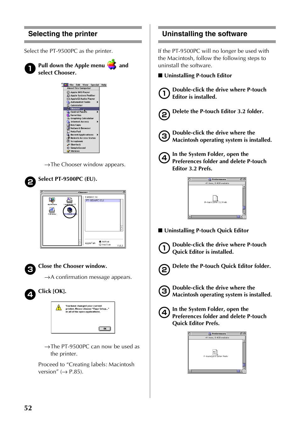 Selecting the printer, Uninstalling the software, Selecting the printer uninstalling the software | Proceed to “selecting the printer, P.52), Oceed to “selecting the printer, 52 selecting the printer | Brother PT-9500PC User Manual | Page 287 / 353