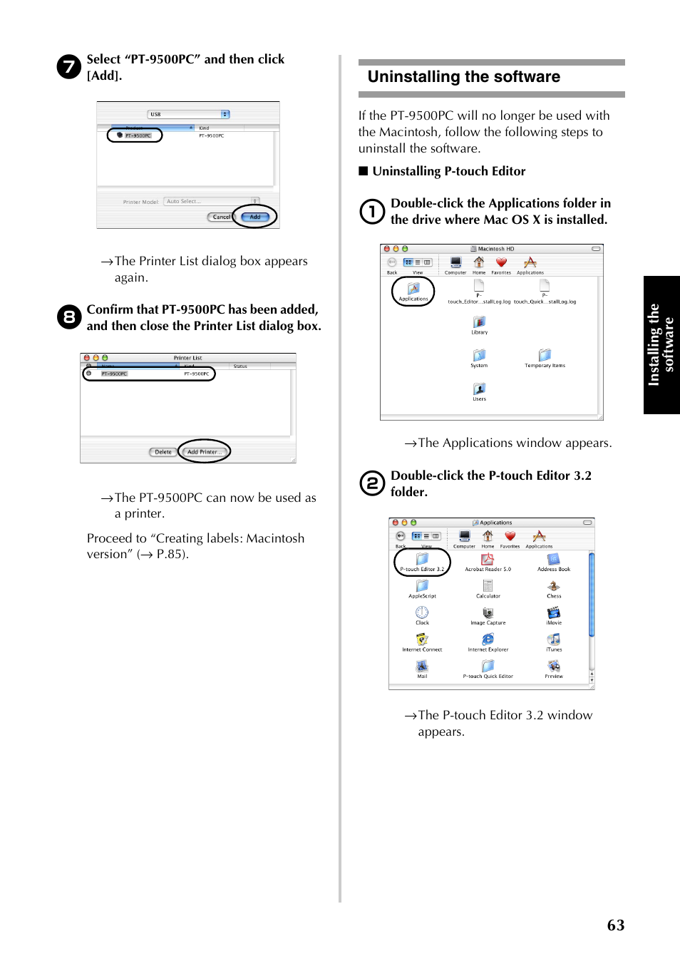 Uninstalling the software | Brother PT-9500PC User Manual | Page 298 / 353
