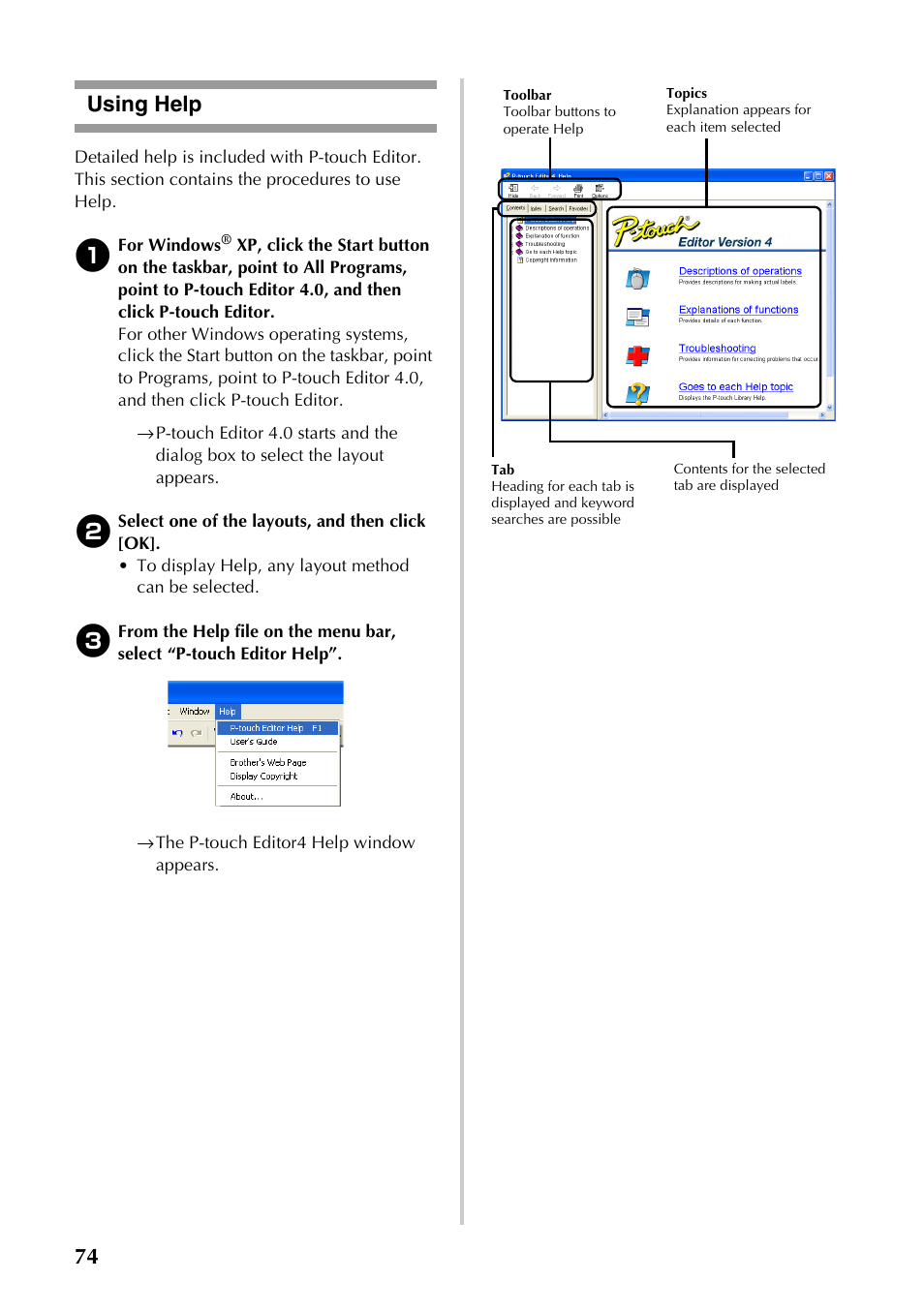Using help, 74 using help | Brother PT-9500PC User Manual | Page 309 / 353