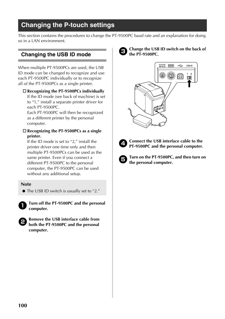 Changing the p-touch settings, Changing the usb id mode | Brother PT-9500PC User Manual | Page 335 / 353