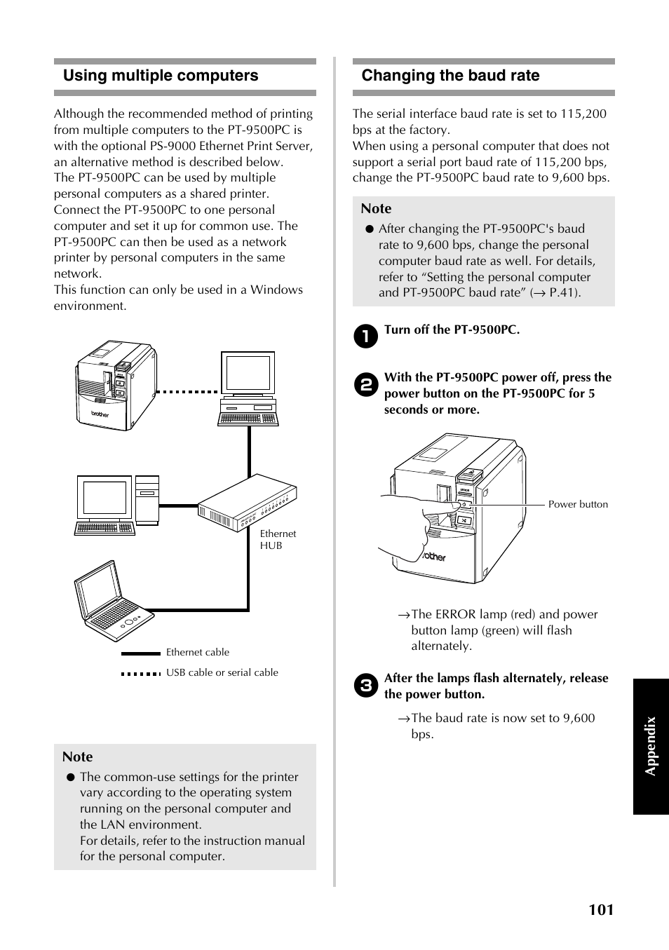 Using multiple computers, Changing the baud rate, Using multiple computers changing the baud rate | Brother PT-9500PC User Manual | Page 336 / 353
