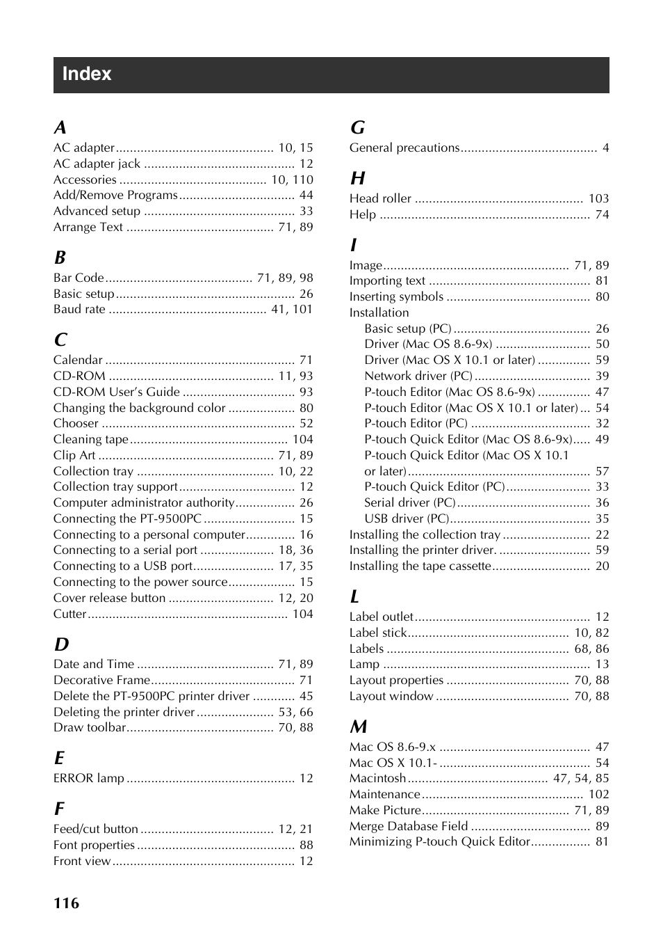 Index, Index a | Brother PT-9500PC User Manual | Page 351 / 353