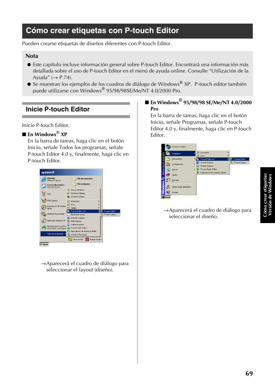Cómo crear etiquetas con p-touch editor, Inicie p-touch editor, Sta “cómo crear etiquetas con p-touch editor | P.69) | Brother PT-9500PC User Manual | Page 70 / 353