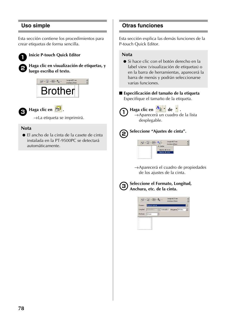 Uso simple, Otras funciones, Uso simple otras funciones | 78 uso simple | Brother PT-9500PC User Manual | Page 79 / 353