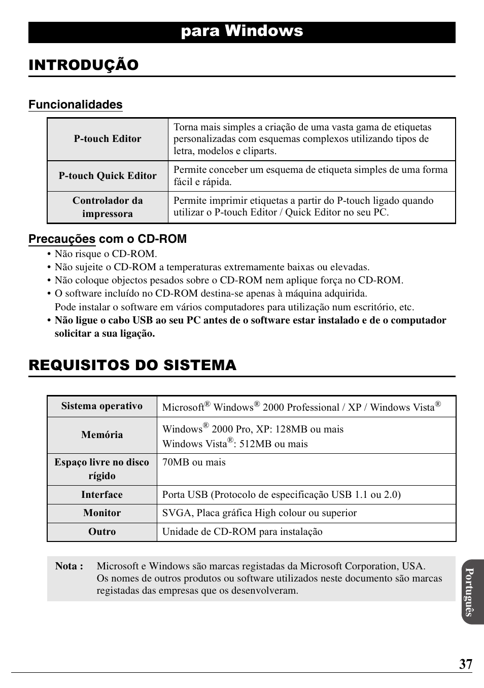 Português, Para windows, Introdução | Requisitos do sistema | Brother PT-2100 User Manual | Page 38 / 46