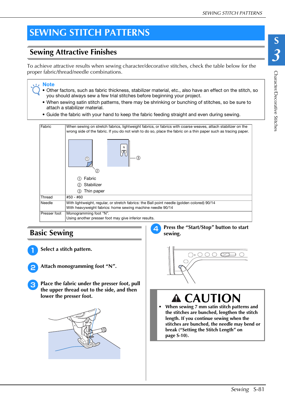 Caution, Sewing stitch patterns, Sewing attractive finishes | Basic sewing | Brother Innov-is V5 User Manual | Page 149 / 312