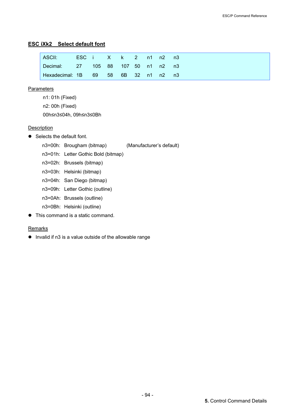 Esc ixk2 select default font, Esc ixk2, Select default font | Brother QL-720NW User Manual | Page 100 / 117