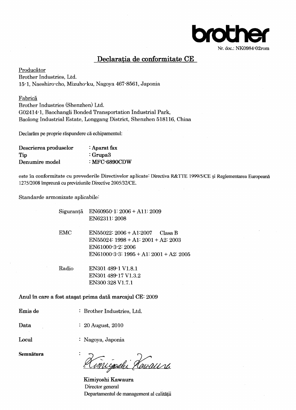 Declaratia de conformitate ce, Brother | Brother MFC 6890CDW User Manual | Page 6 / 7