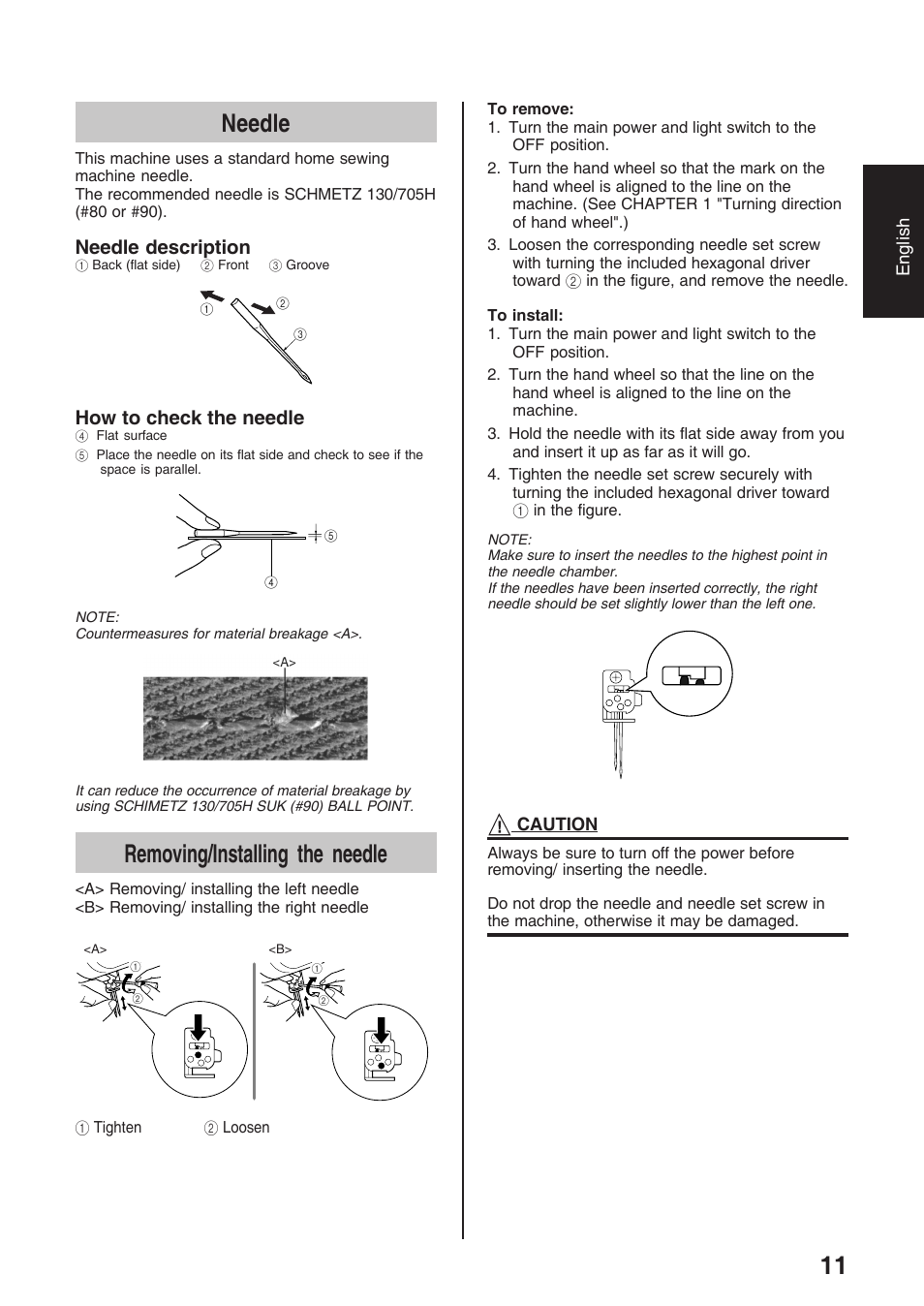 Needle, Removing/installing the needle, Needle description | How to check the needle | Brother 4234D User Manual | Page 15 / 80