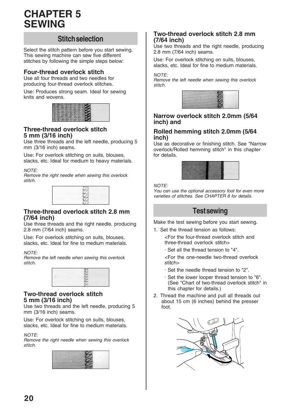 Chapter 5 sewing, Stitch selection, Test sewing | Brother 4234D User Manual | Page 24 / 80