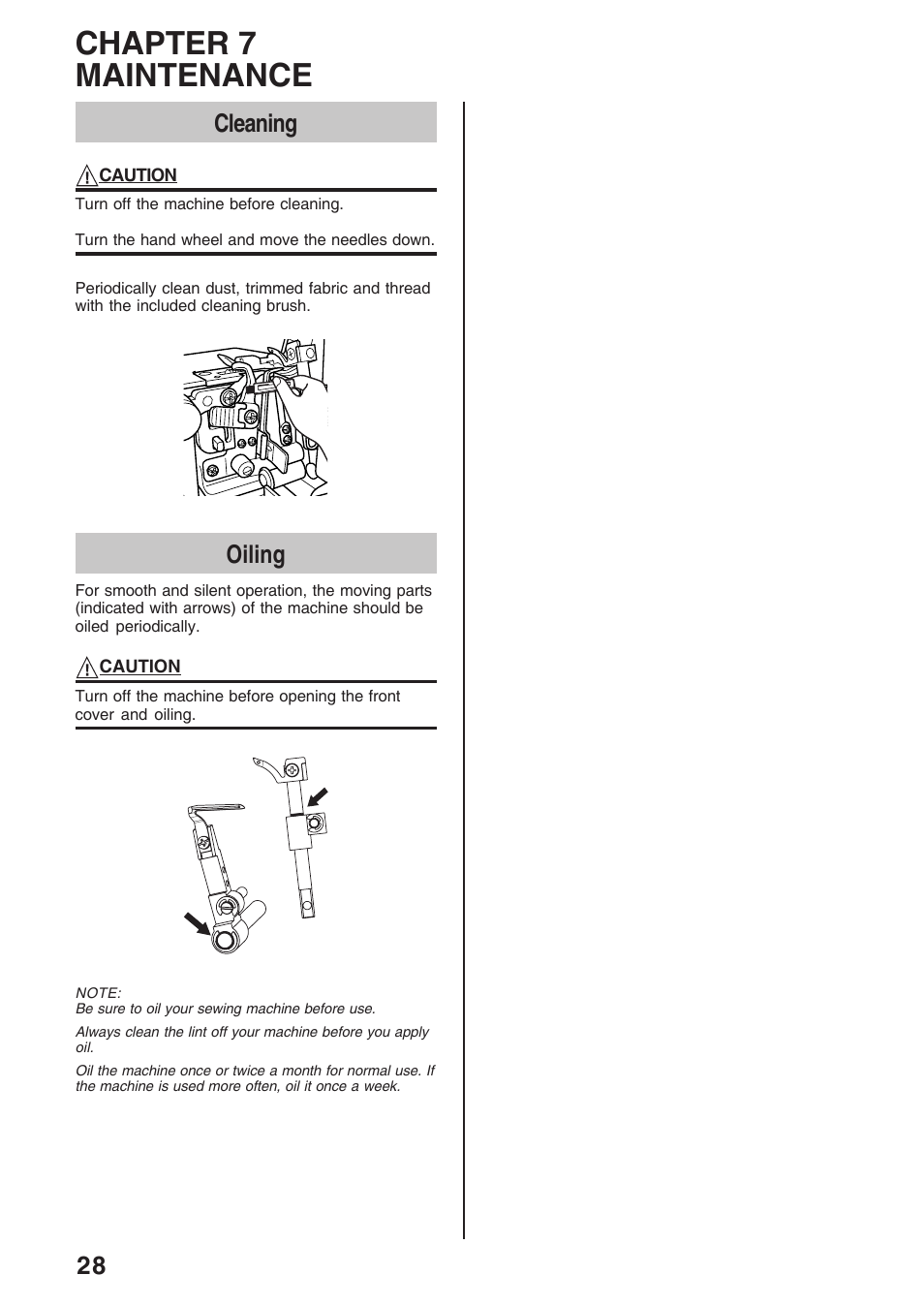 Chapter 7 maintenance, Cleaning, Oiling | Brother 4234D User Manual | Page 32 / 80