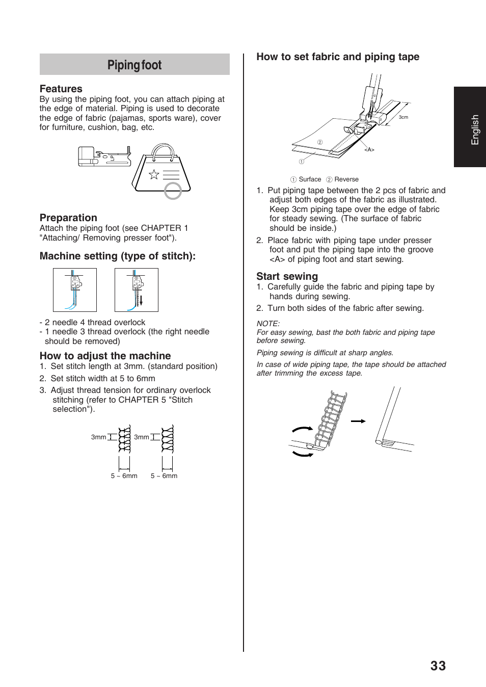 Piping foot, Features, Preparation | Machine setting (type of stitch), How to adjust the machine, How to set fabric and piping tape, Start sewing | Brother 4234D User Manual | Page 37 / 80
