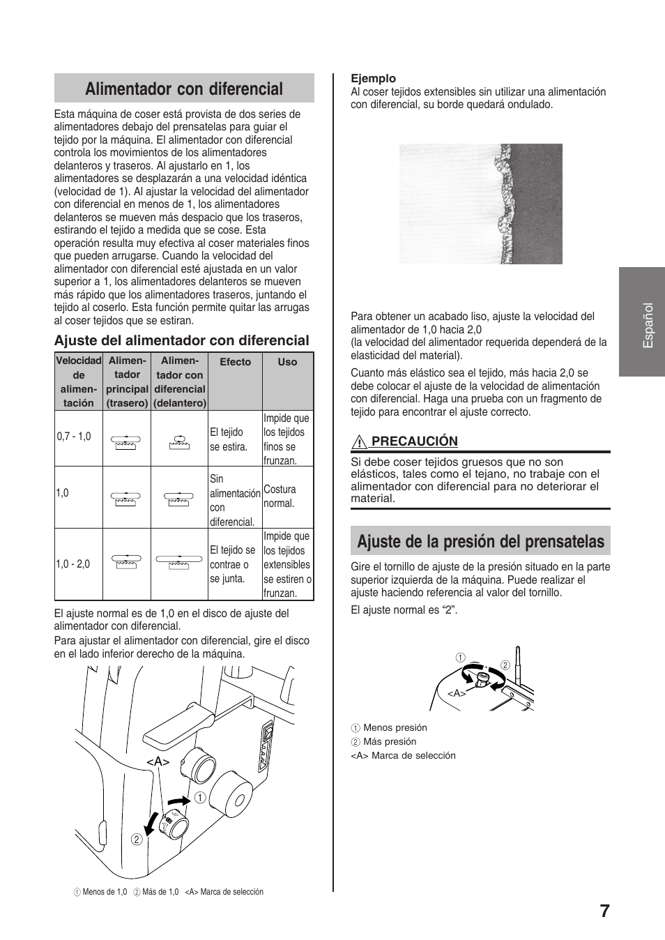 Alimentador con diferencial, Ajuste de la presión del prensatelas, Ajuste del alimentador con diferencial | Brother 4234D User Manual | Page 49 / 80