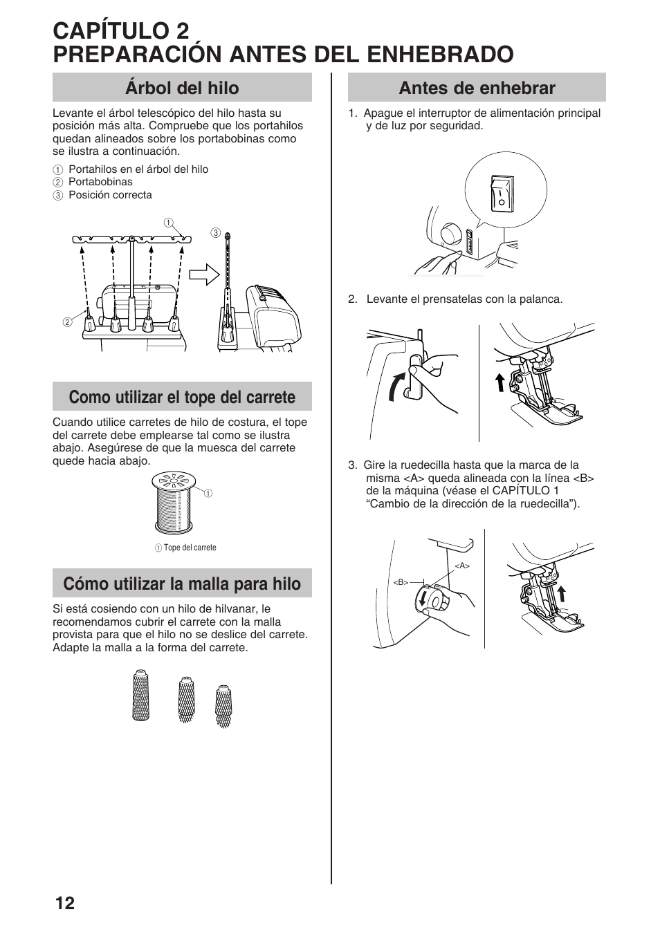 Capítulo 2 preparación antes del enhebrado, Árbol del hilo, Como utilizar el tope del carrete | Cómo utilizar la malla para hilo, Antes de enhebrar | Brother 4234D User Manual | Page 54 / 80