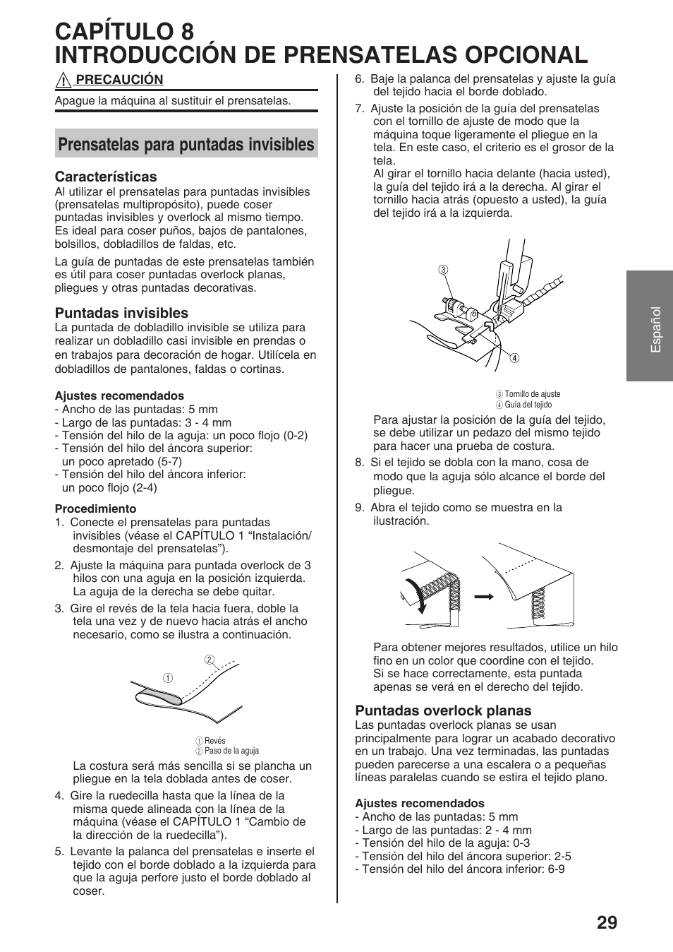 Capítulo 8 introducción de prensatelas opcional, Prensatelas para puntadas invisibles, Puntadas overlock planas | Características, Puntadas invisibles | Brother 4234D User Manual | Page 71 / 80
